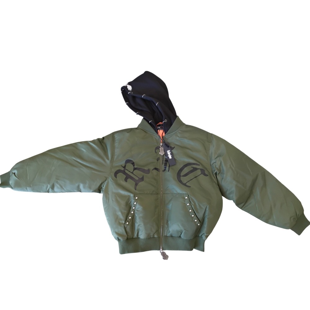 Civil Regime Hooded Bomber Jacket Olive Green Studded Graphic Streetwear Small